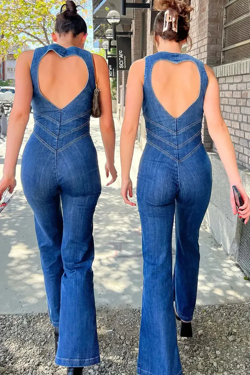 2024 Summer Sleeveless Zip-up High Waist Denim Jumpsuits Streetwear Vintage Women's Loving Heart Backless Tunics Jeans Overalls