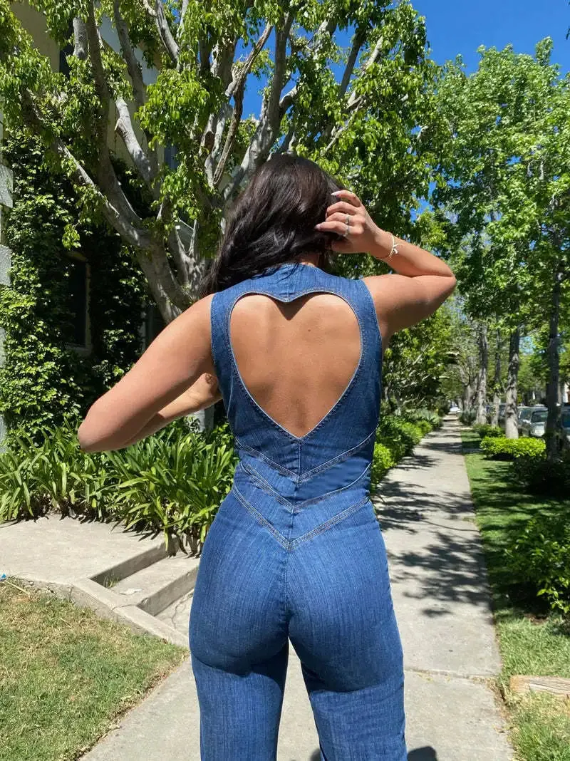 2024 Summer Sleeveless Zip-up High Waist Denim Jumpsuits Streetwear Vintage Women's Loving Heart Backless Tunics Jeans Overalls