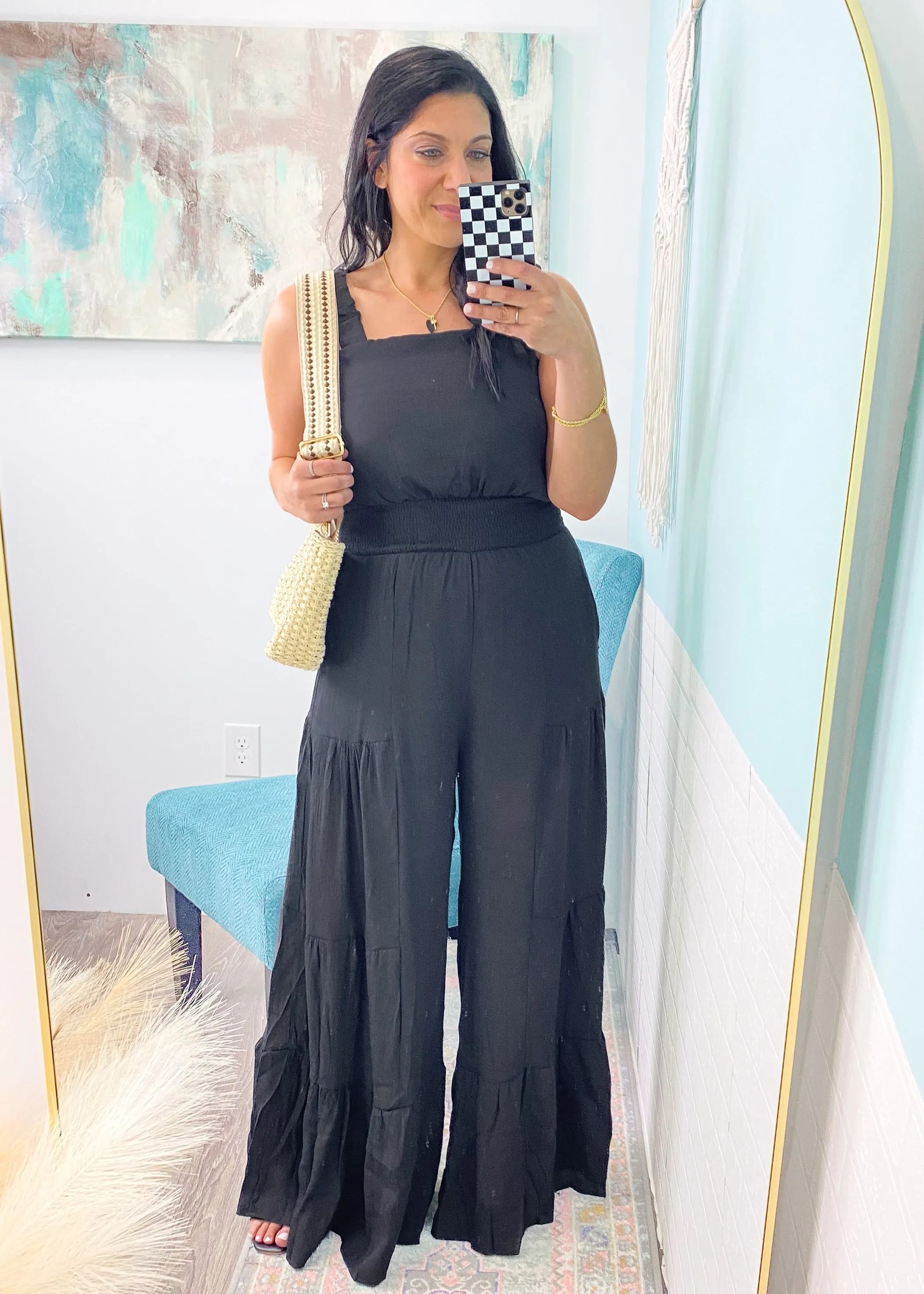 'Alayna' Black Super Wide Leg Ruffle Jumpsuit