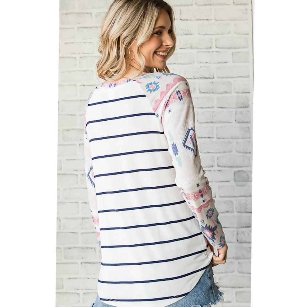 Aztec Pattern Accent Navy Blue & Ivory Striped Long Raglan Sleeve Knit Top