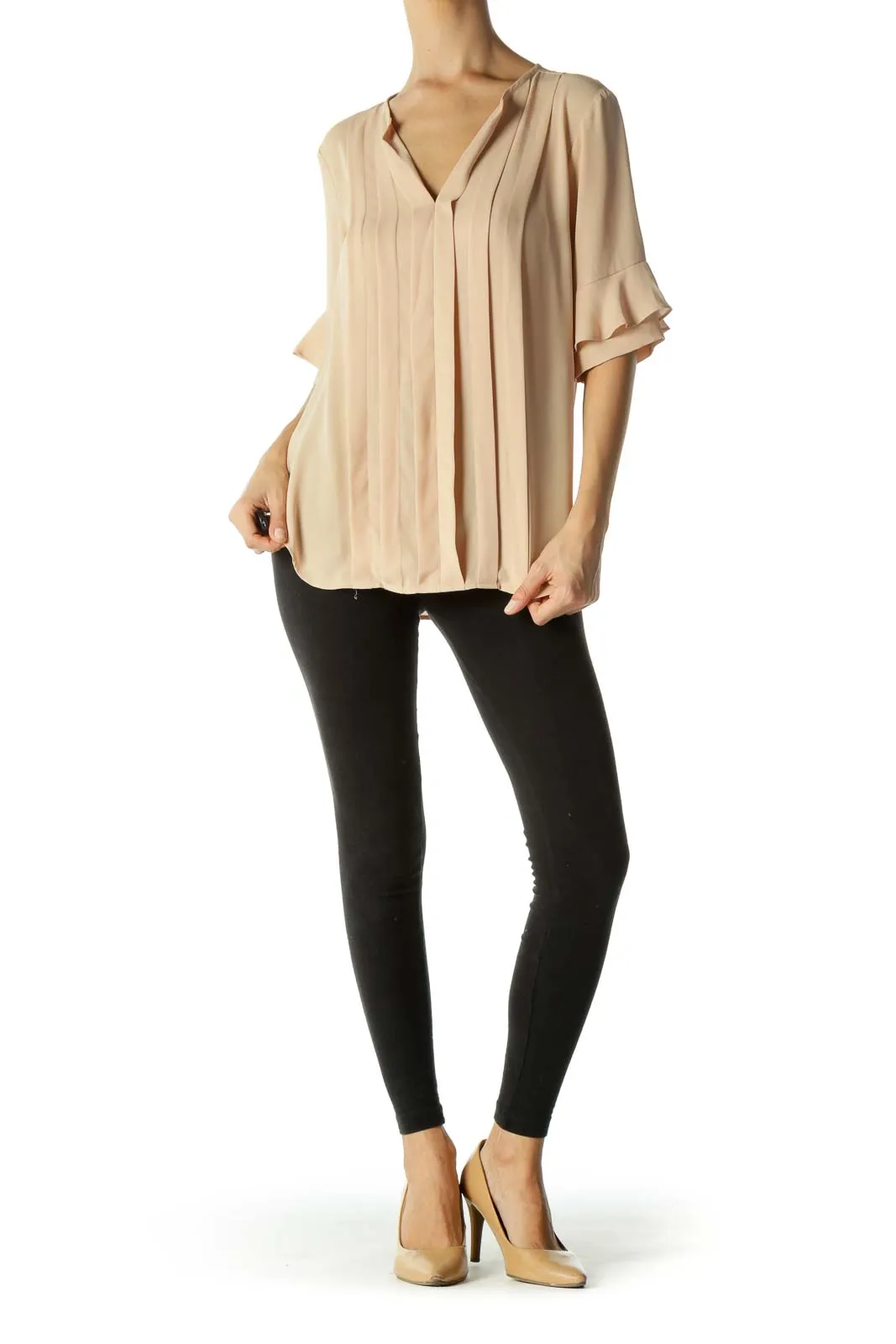 Beige Pleated Ruffled Sleeve Blouse