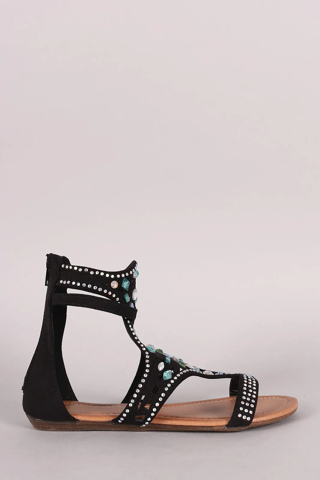 Bejeweled Suede Open Toe Gladiator Flat Sandal