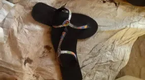 Black beaded handmade masaai maasai  leather sandals| summer slippers|ladies slip-on|casual flip-on with free shipping world wide