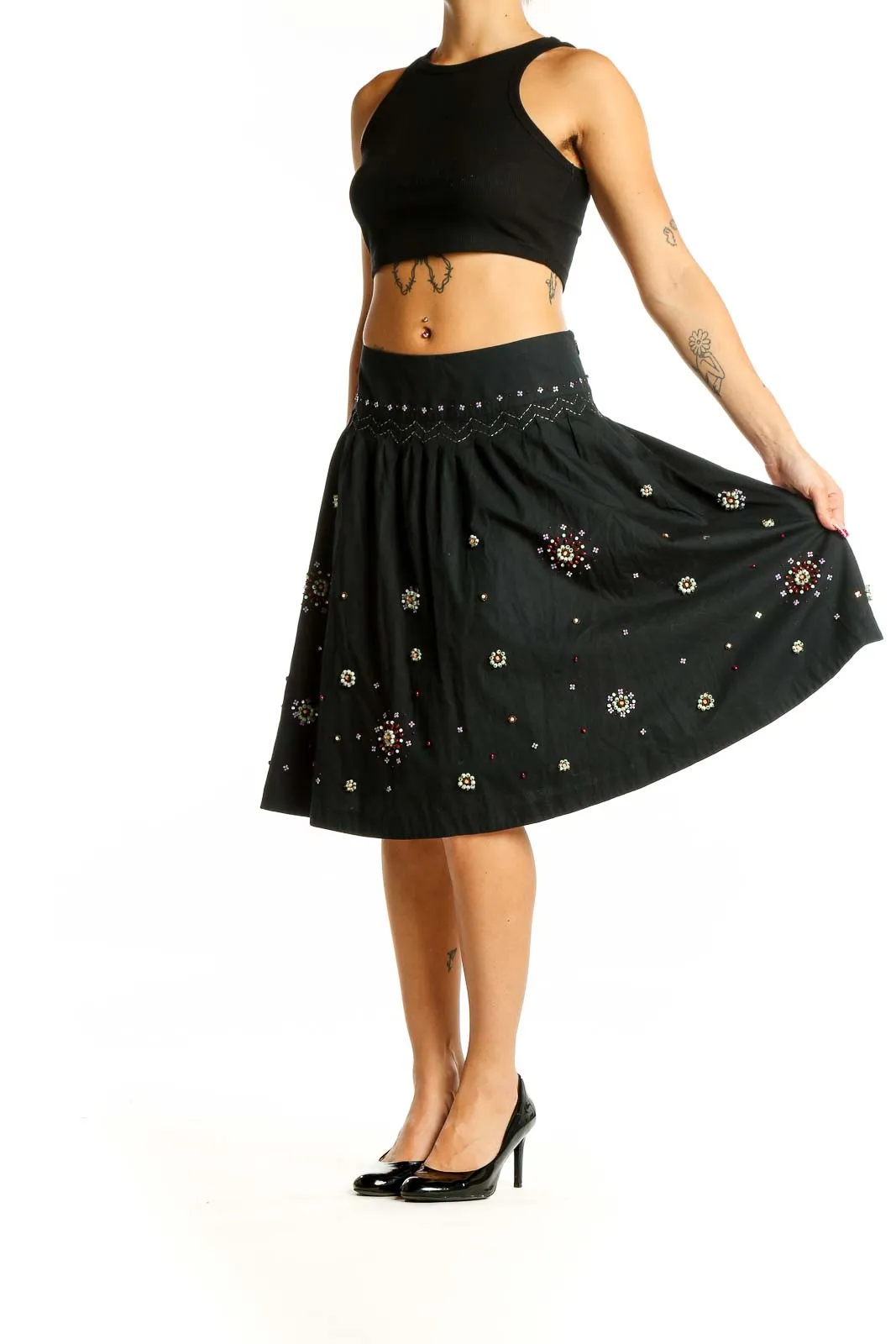 Black Embellished Cotton A-Line Skirt