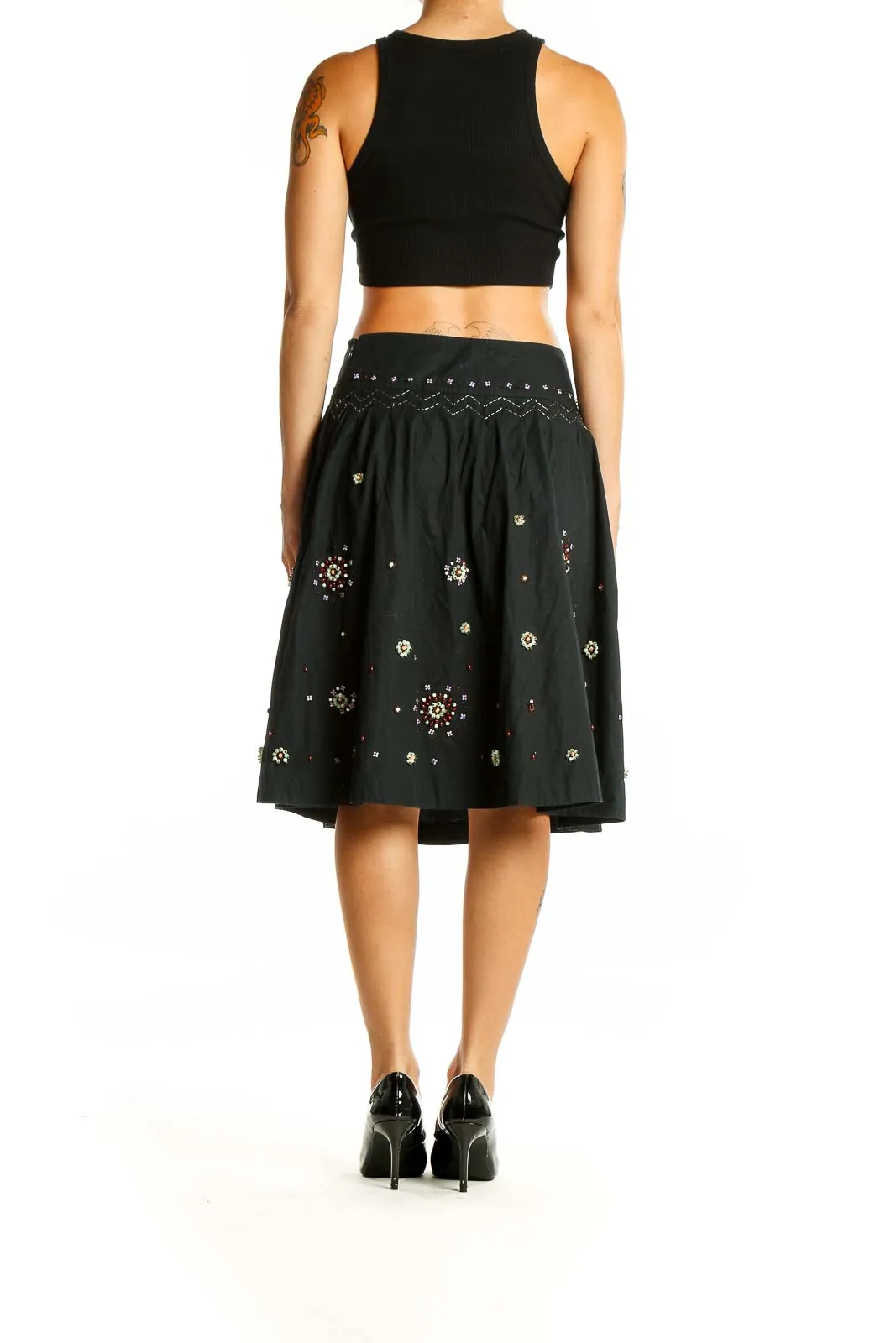 Black Embellished Cotton A-Line Skirt