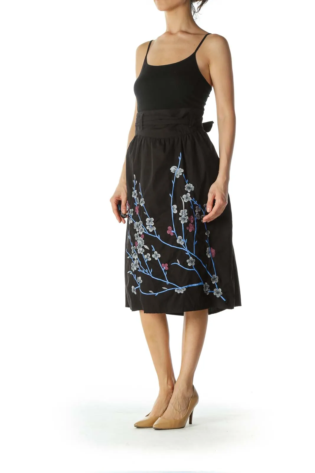 Black Floral-Embroidered Skirt