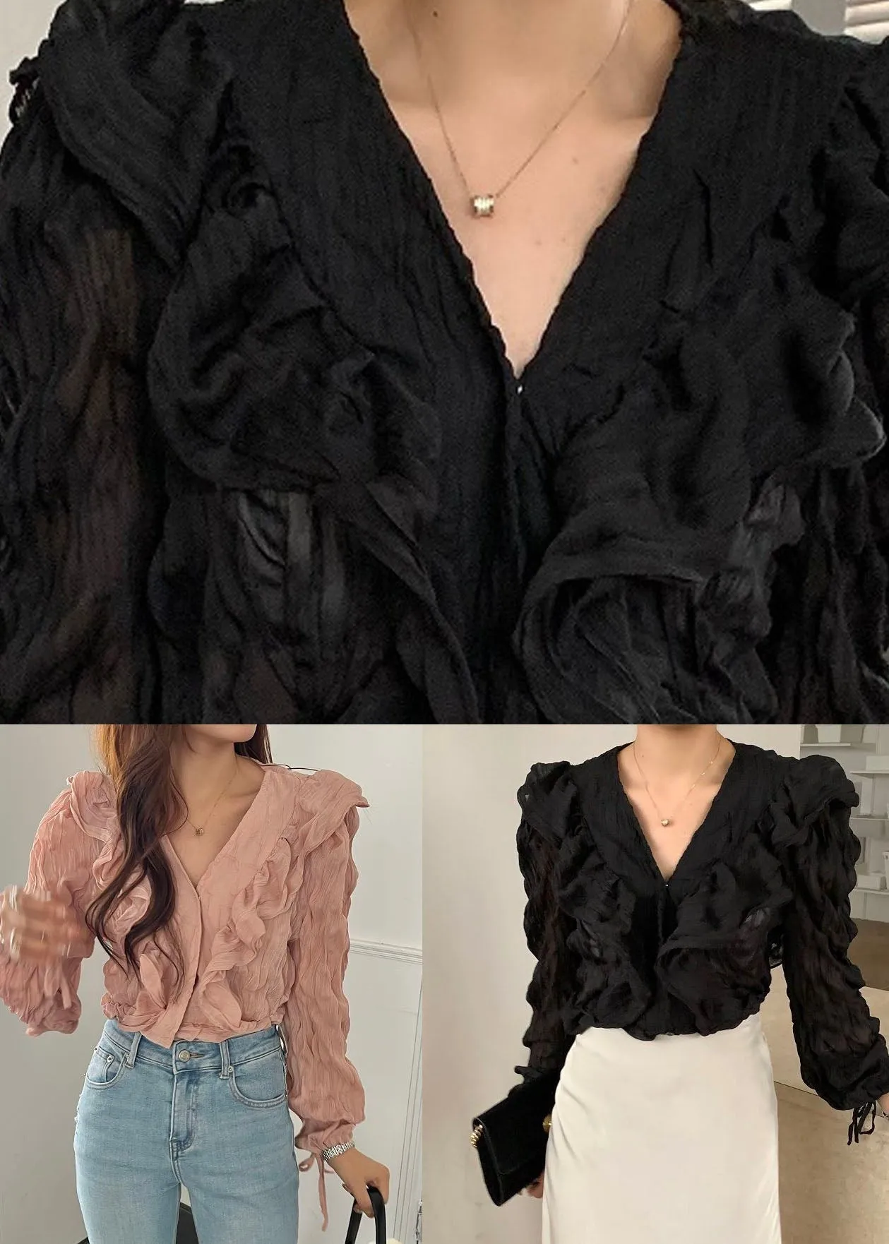 Black Patchwork Chiffon Shirts Tops Ruffled V Neck Spring LY2576