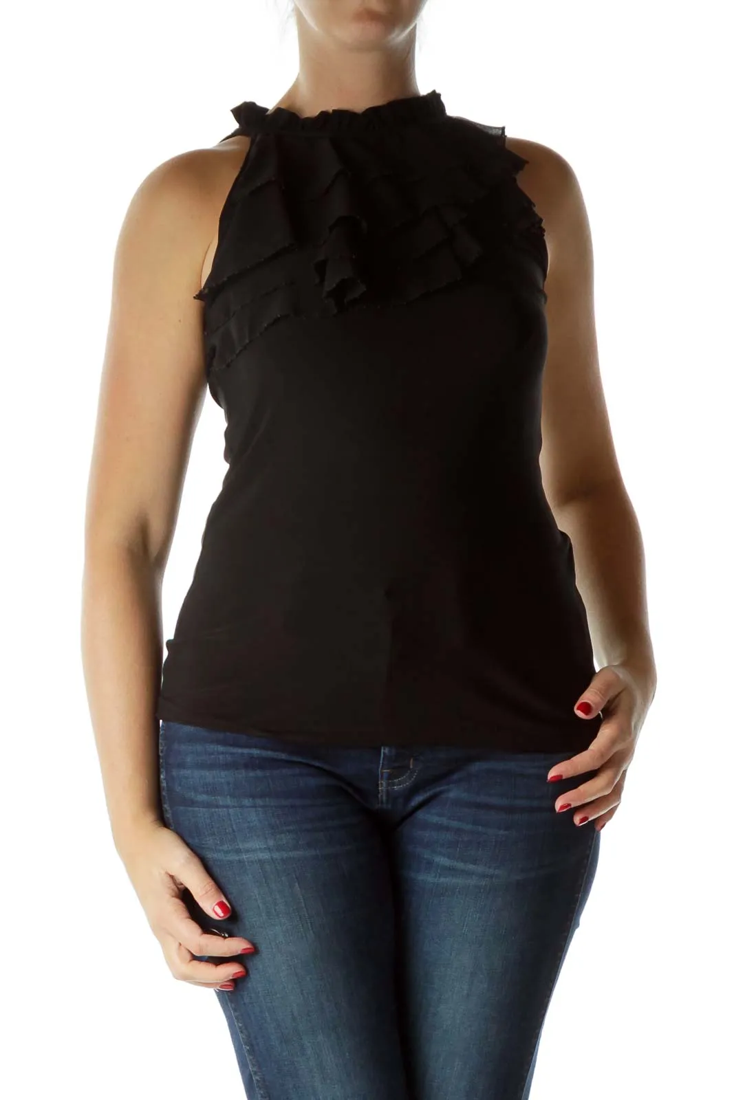 Black Ruffled High Neck Sleeveless Blouse