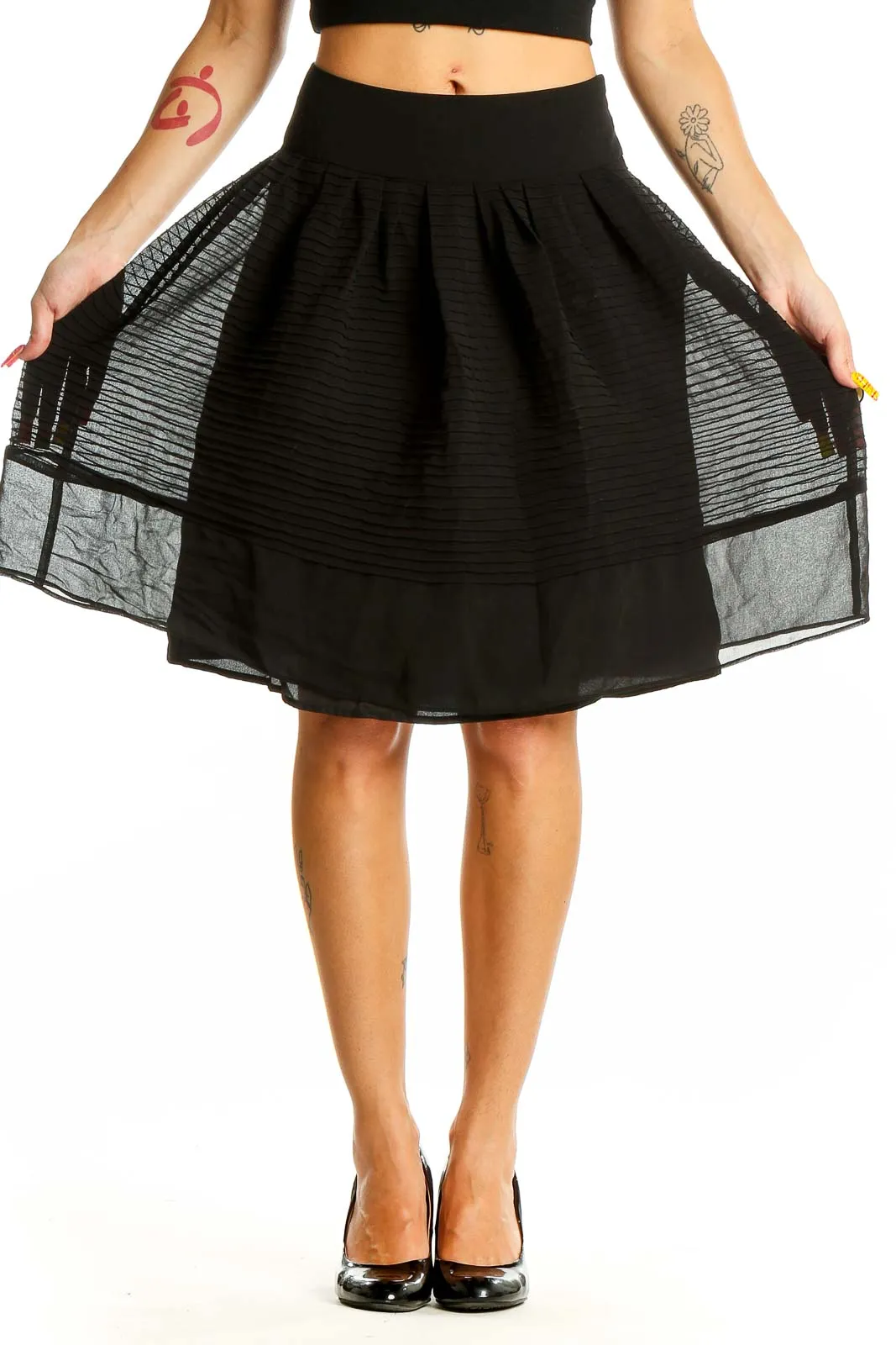 Black Sheer Pleated A-Line Skirt