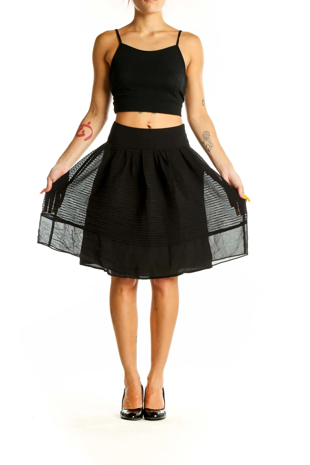 Black Sheer Pleated A-Line Skirt