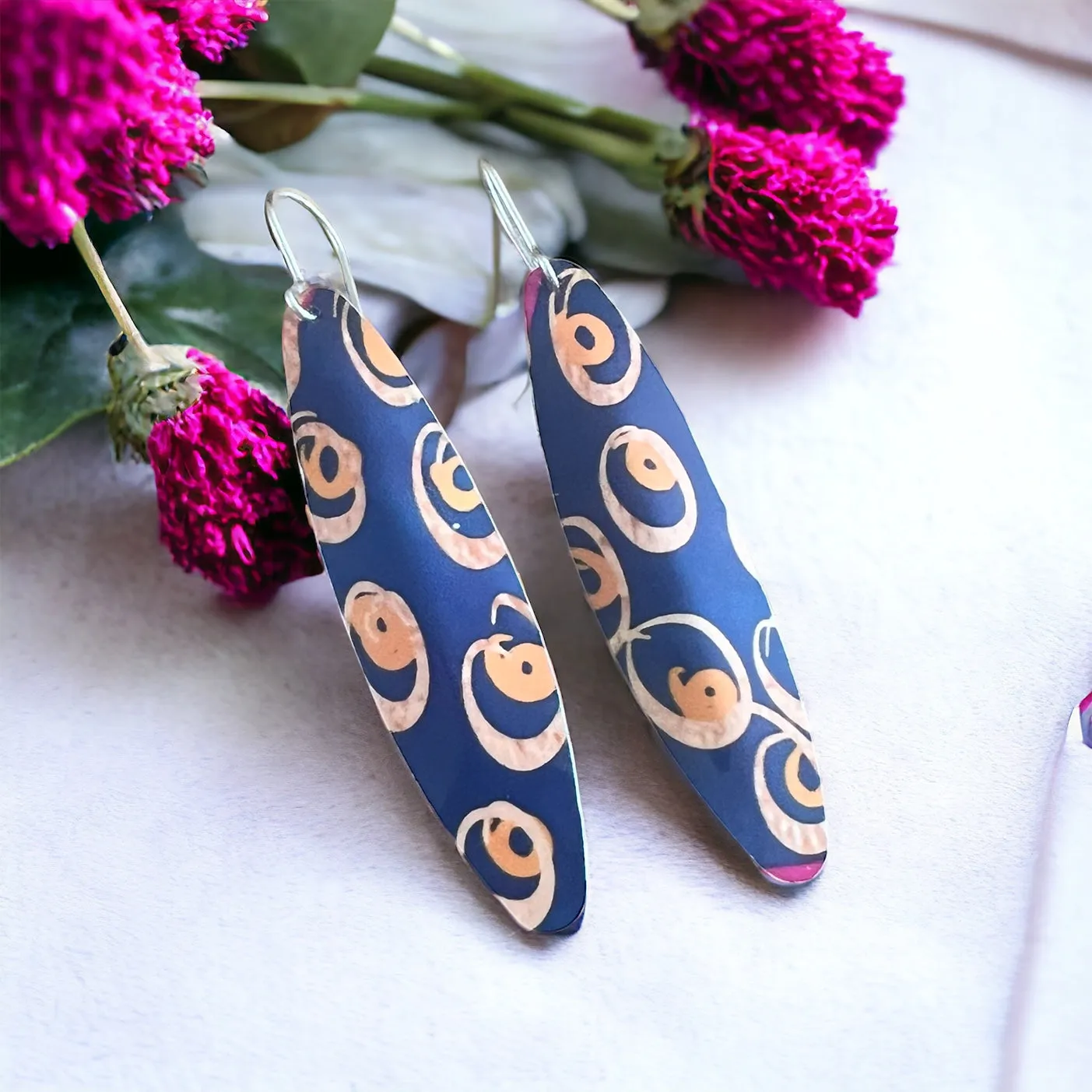 Blue and gold swirl glossy aluminium earrings