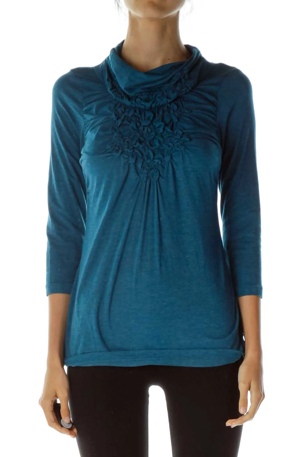 Blue Ruffled Neck Knit Top