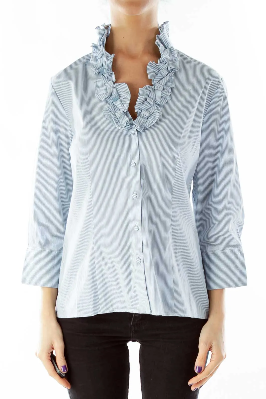 Blue White Ruffled Striped Shirt