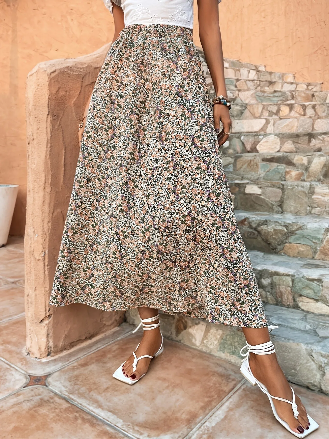 Bohemian Ditsy Floral Long High Waist Swing Flowy Maxi Skirt