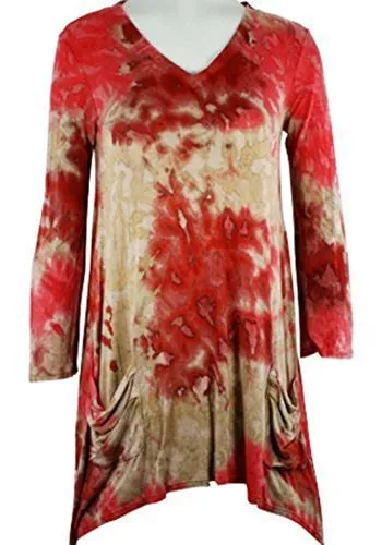 Boho Chic - Red Delight, 3/4 Sleeve, V-Neck, Shark Bite Hem with Front Pockets, Tunic