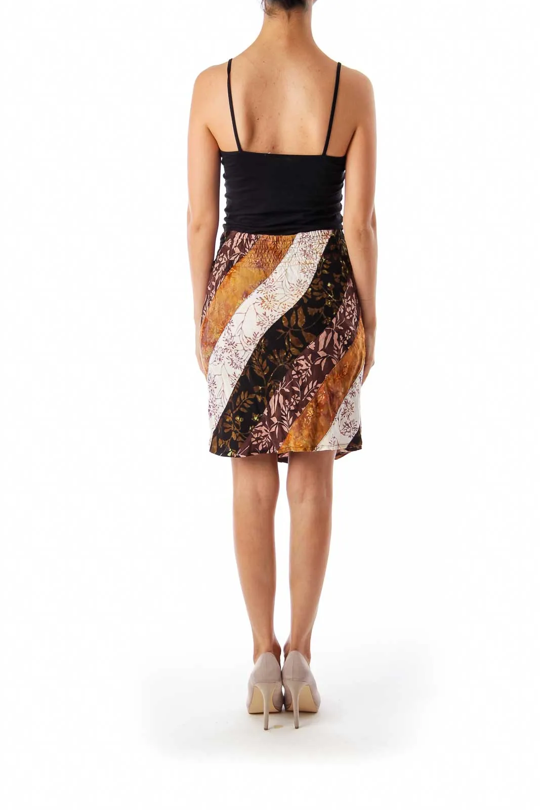 Brown & White Leaves Printed A-Line Skirt