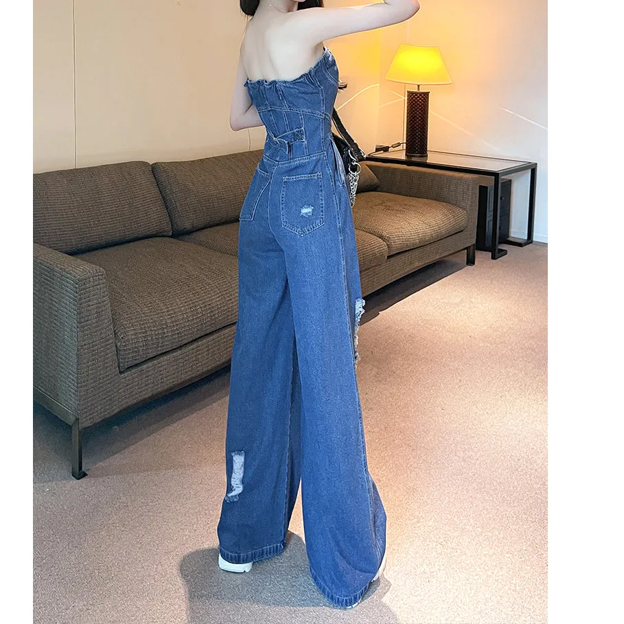 Buttons Ripped Wide Leg Denim Bandeau Jumpsuit