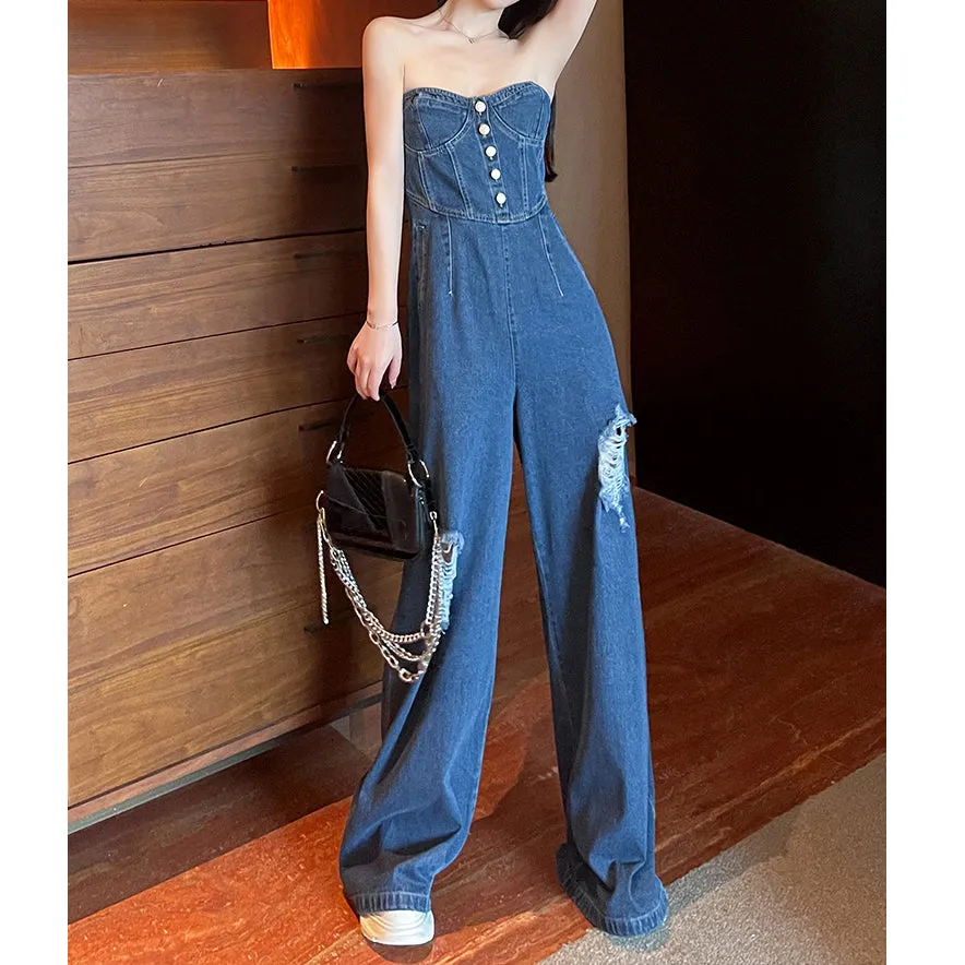 Buttons Ripped Wide Leg Denim Bandeau Jumpsuit