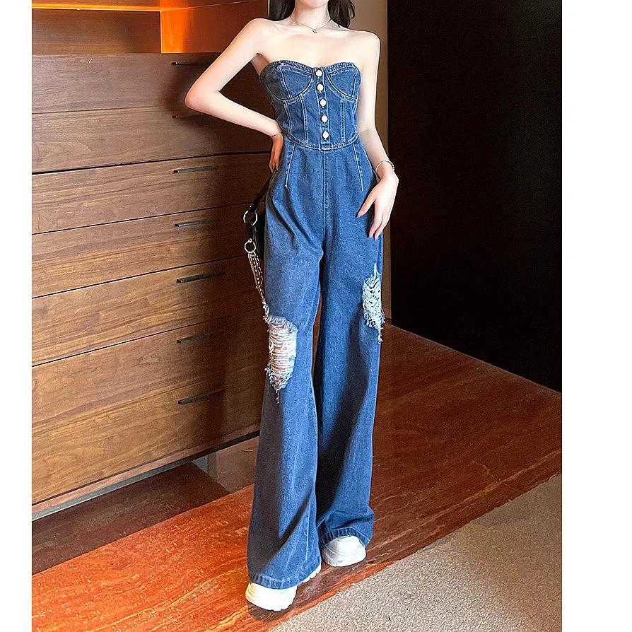 Buttons Ripped Wide Leg Denim Bandeau Jumpsuit