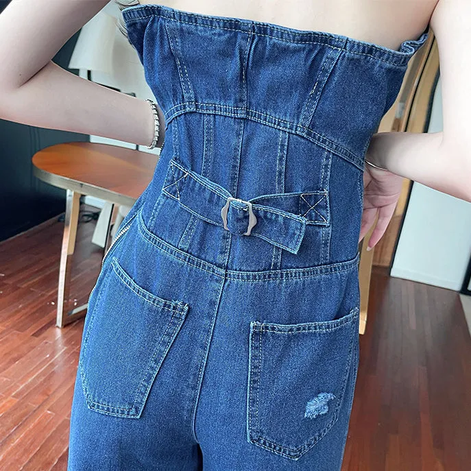 Buttons Ripped Wide Leg Denim Bandeau Jumpsuit