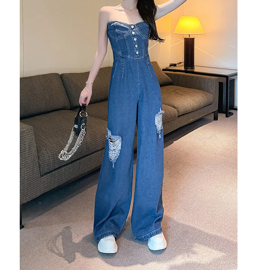 Buttons Ripped Wide Leg Denim Bandeau Jumpsuit