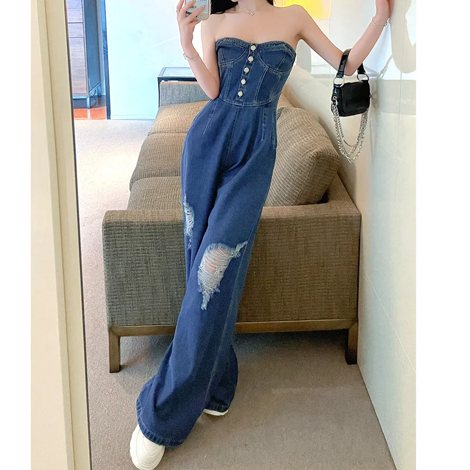 Buttons Ripped Wide Leg Denim Bandeau Jumpsuit