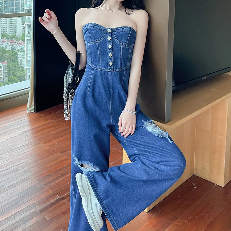 Buttons Ripped Wide Leg Denim Bandeau Jumpsuit