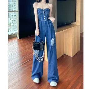 Buttons Ripped Wide Leg Denim Bandeau Jumpsuit