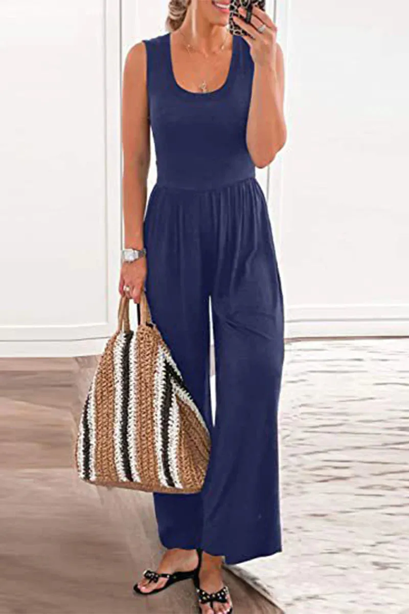 Casual Simplicity Solid Solid Color O Neck Loose Jumpsuits