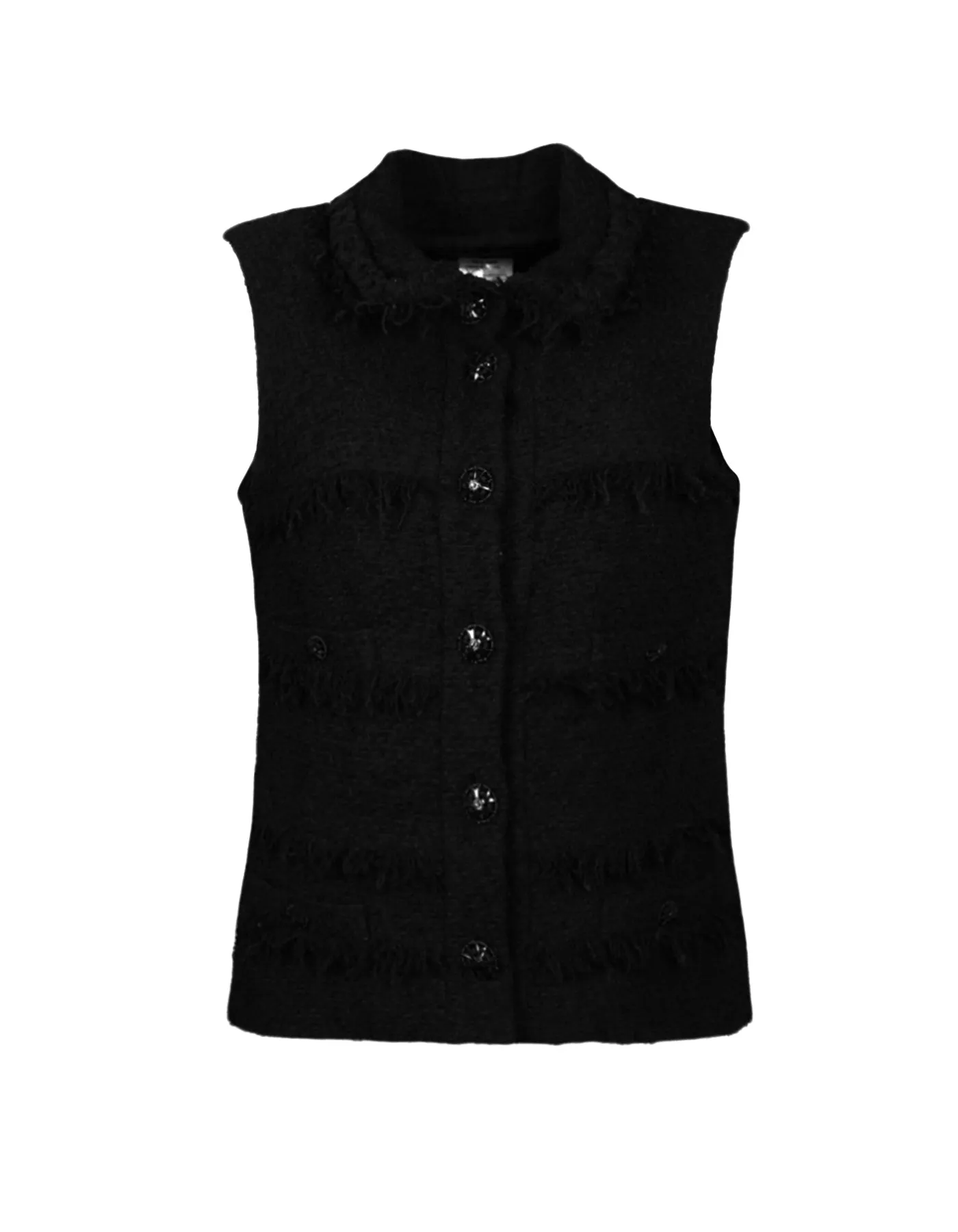 Chanel Black Wool Boucle Vest w/ Fringe sz 38