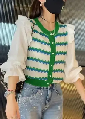 Chic Green Striped Ruffled Patchwork Knit Blouse Tops Fall ML0980