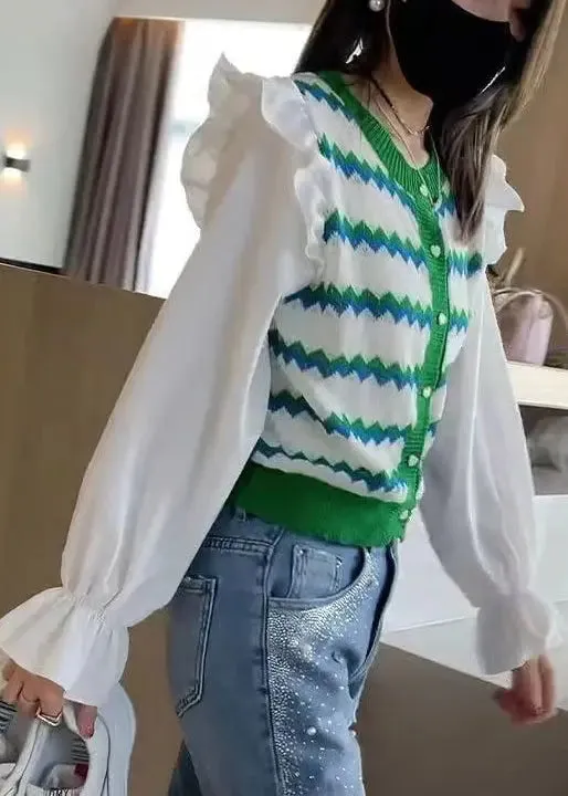 Chic Green Striped Ruffled Patchwork Knit Blouse Tops Fall ML0980