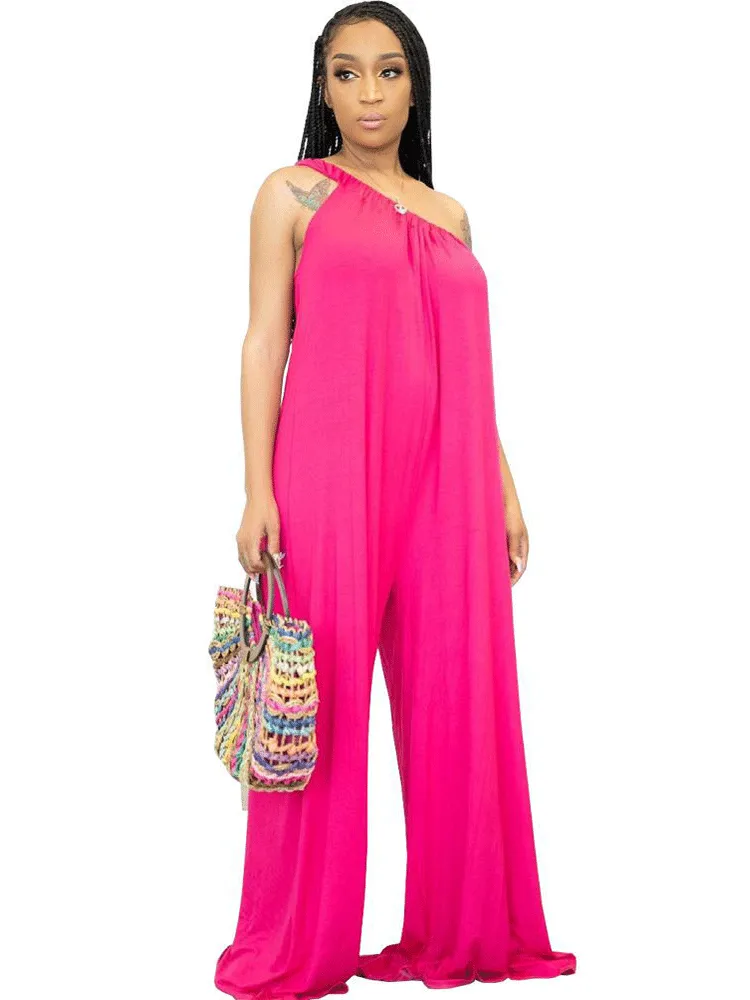 Chiffon One Shoulder Backless Wide Leg Jumpsuits