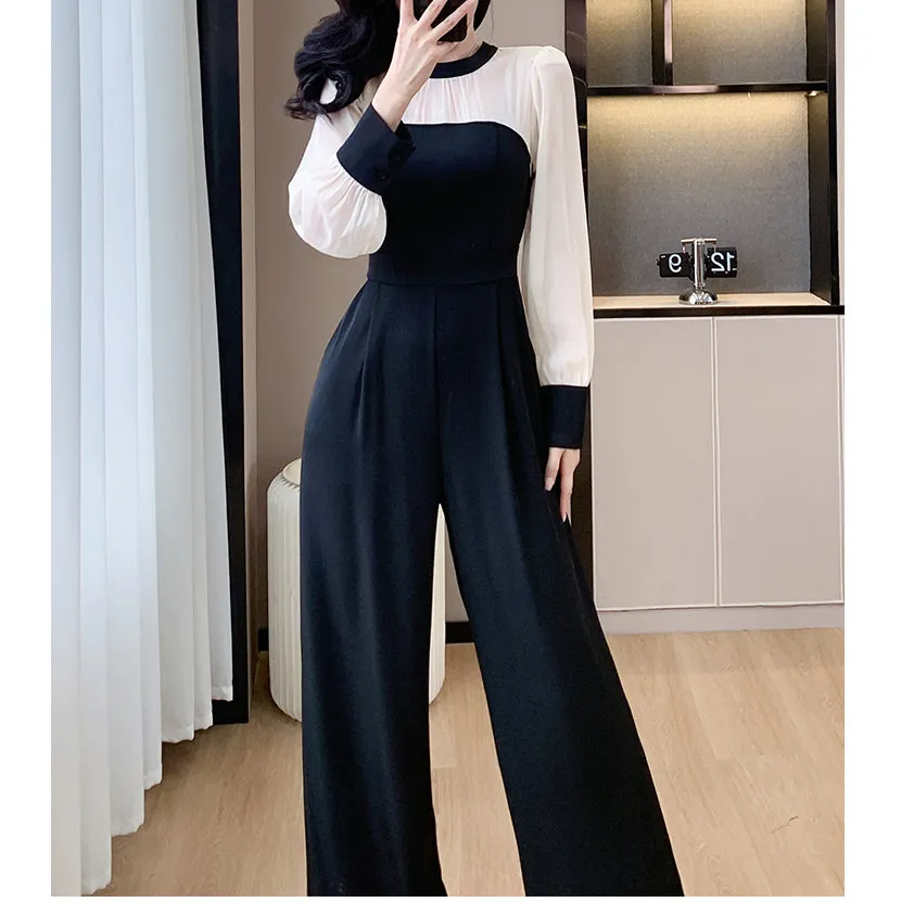 Customized Elegant French Patchwork Wide-Leg Jumpsuit