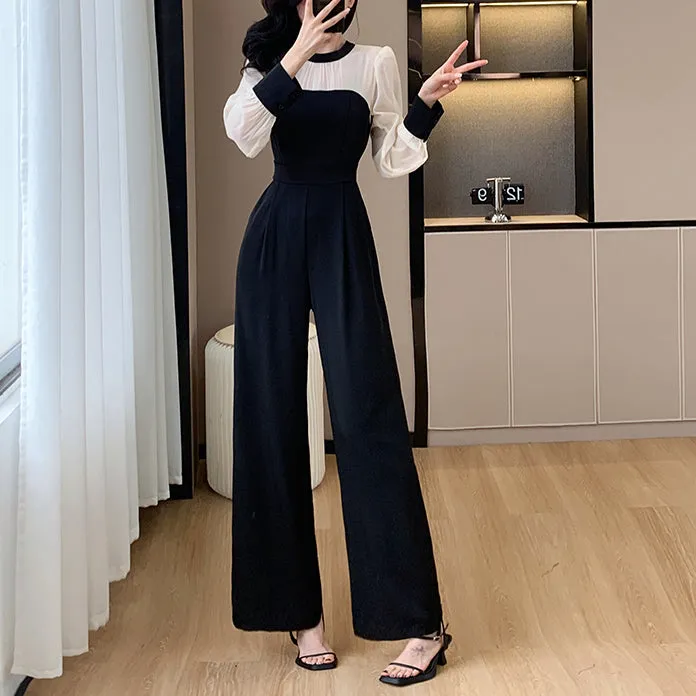 Customized Elegant French Patchwork Wide-Leg Jumpsuit