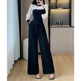 Customized Elegant French Patchwork Wide-Leg Jumpsuit