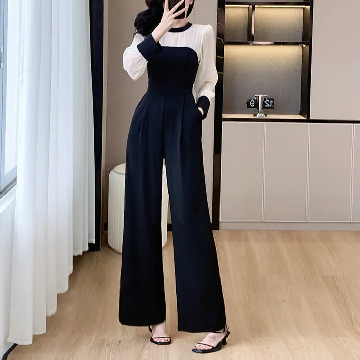 Customized Elegant French Patchwork Wide-Leg Jumpsuit