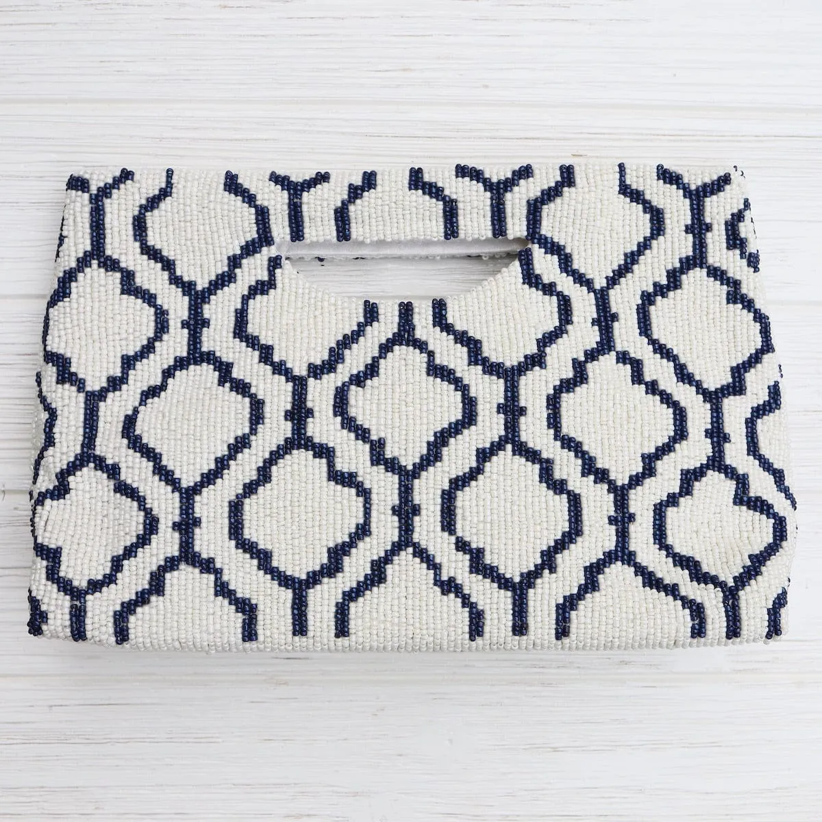 Cut Out Handle Clutch in Ivory with Navy