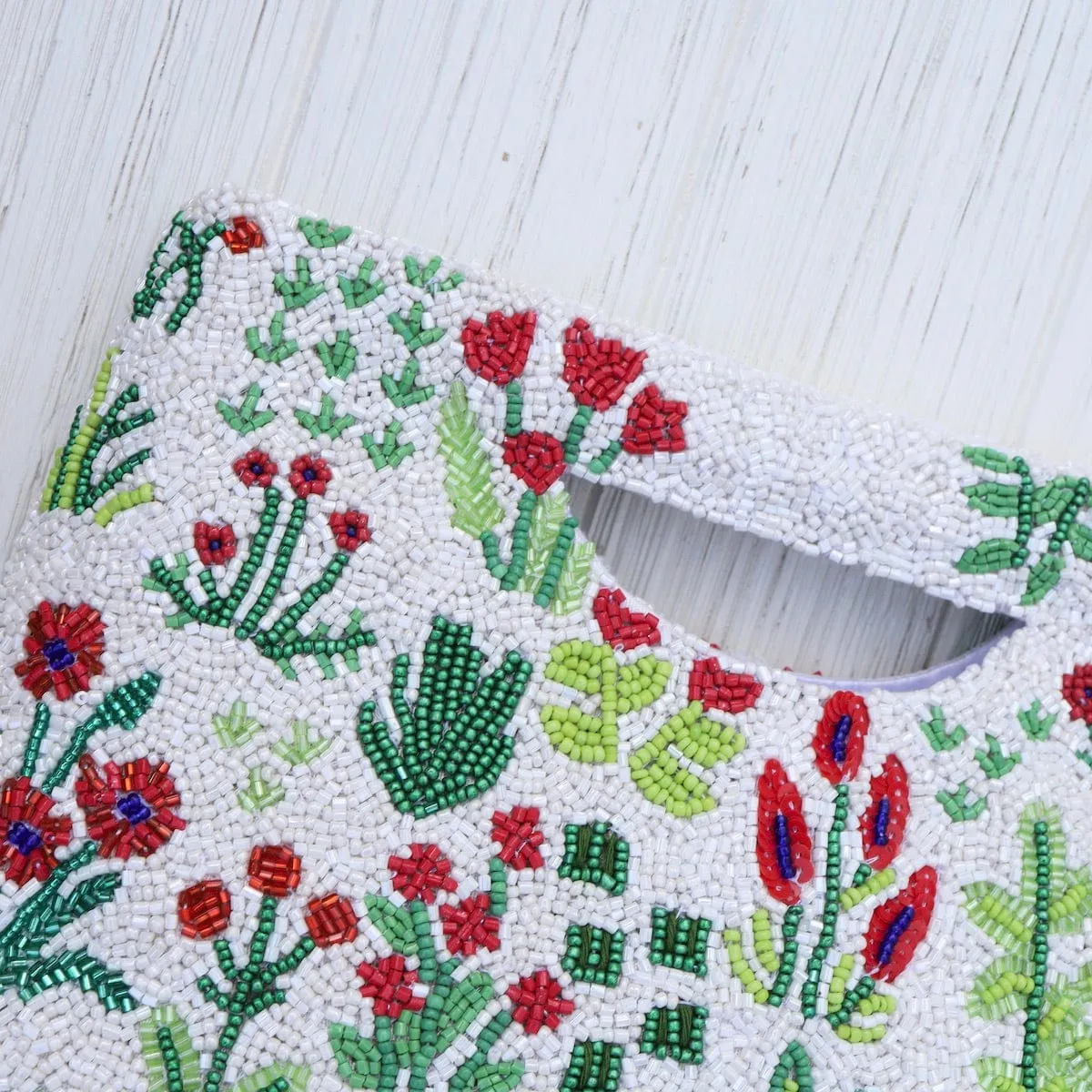 Cut Out Handle Clutch in White with Red Flowers