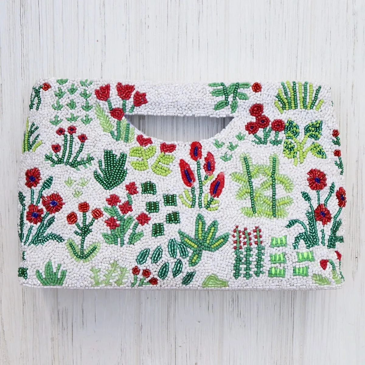 Cut Out Handle Clutch in White with Red Flowers