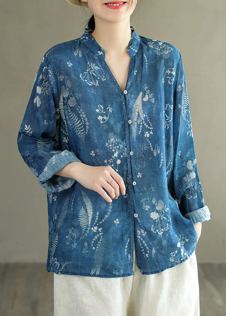 DIY Blue V Neck Ruffled Print Patchwork Linen Shirt Tops Spring LY6222