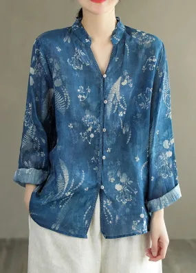 DIY Blue V Neck Ruffled Print Patchwork Linen Shirt Tops Spring LY6222