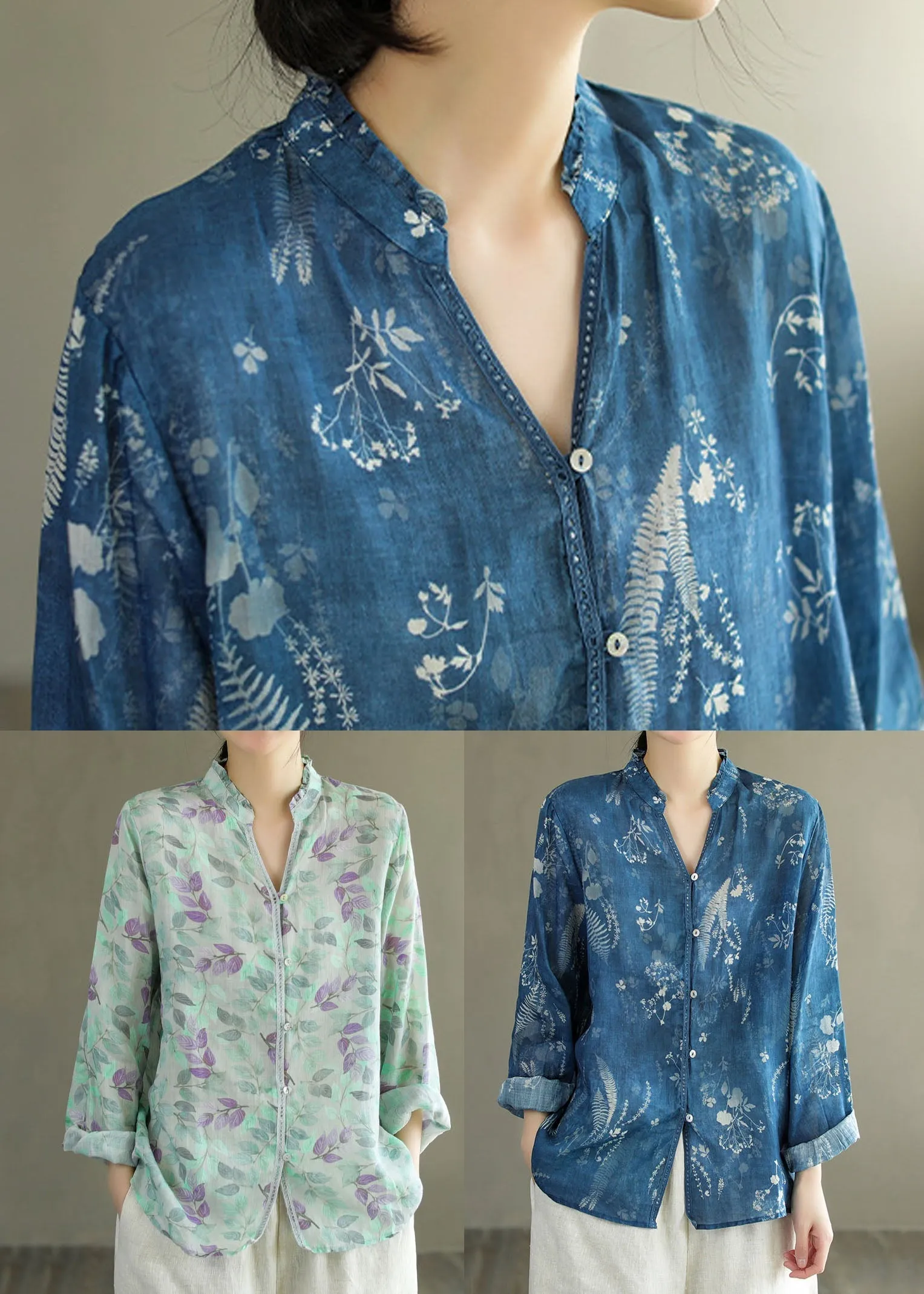 DIY Blue V Neck Ruffled Print Patchwork Linen Shirt Tops Spring LY6222