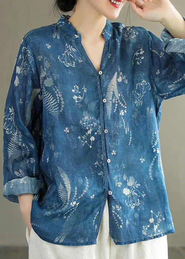 DIY Blue V Neck Ruffled Print Patchwork Linen Shirt Tops Spring LY6222