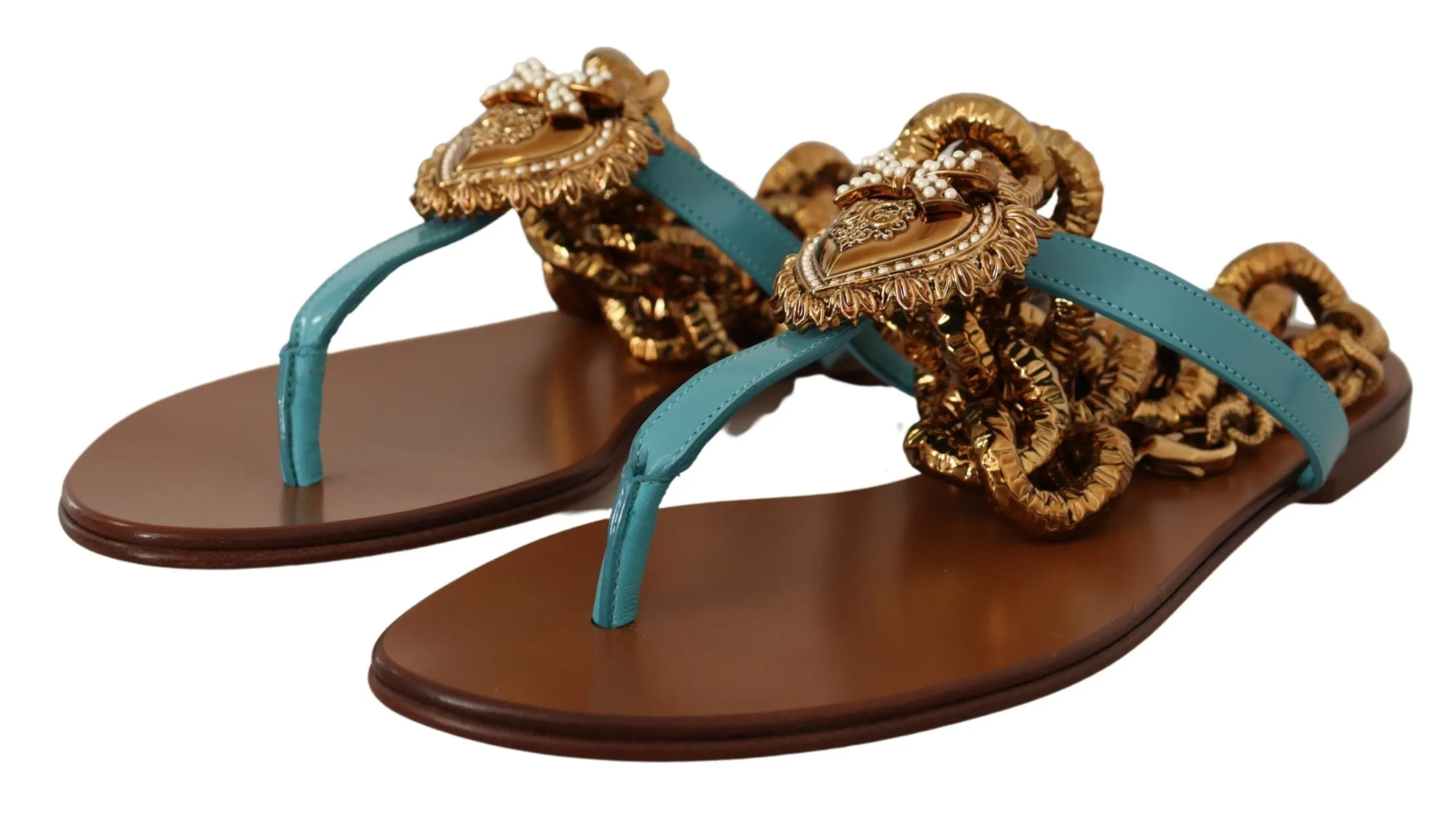 Dolce & Gabbana Blue Leather Devotion Flats Sandals