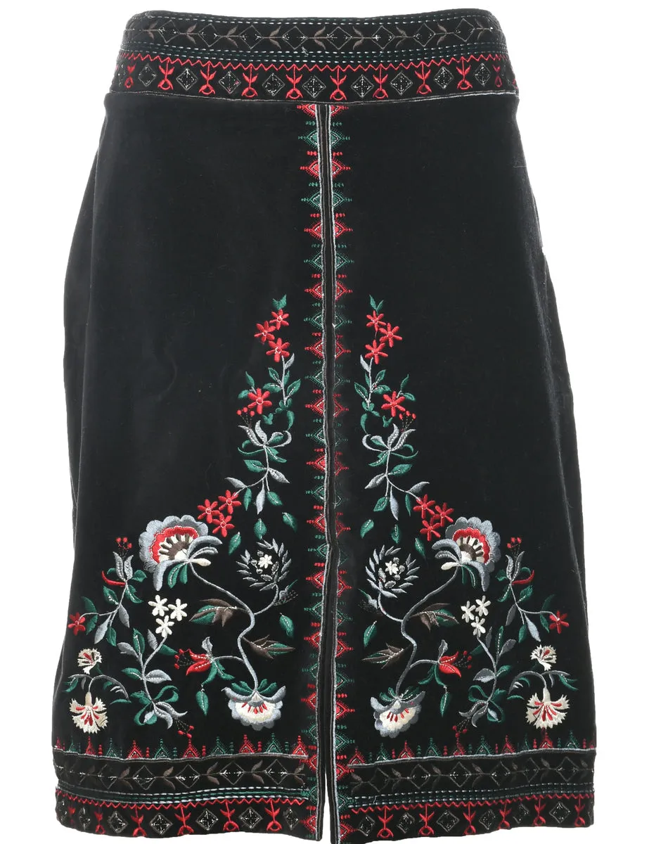 Embroidered Velvet A-line Skirt - L