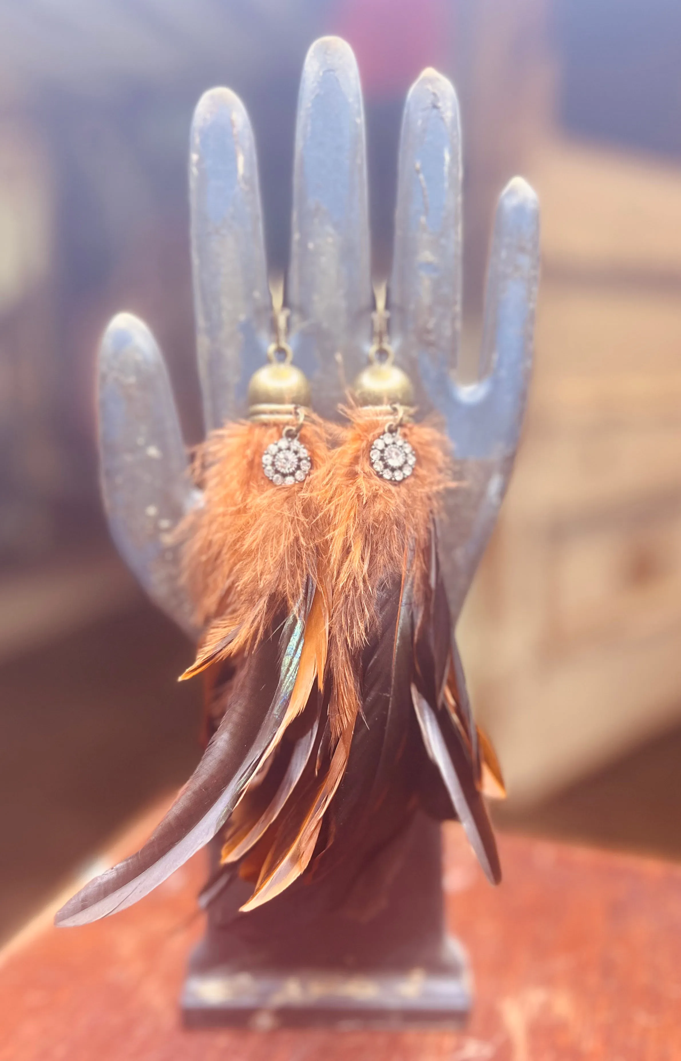 Feather Earring With Charm - Rust