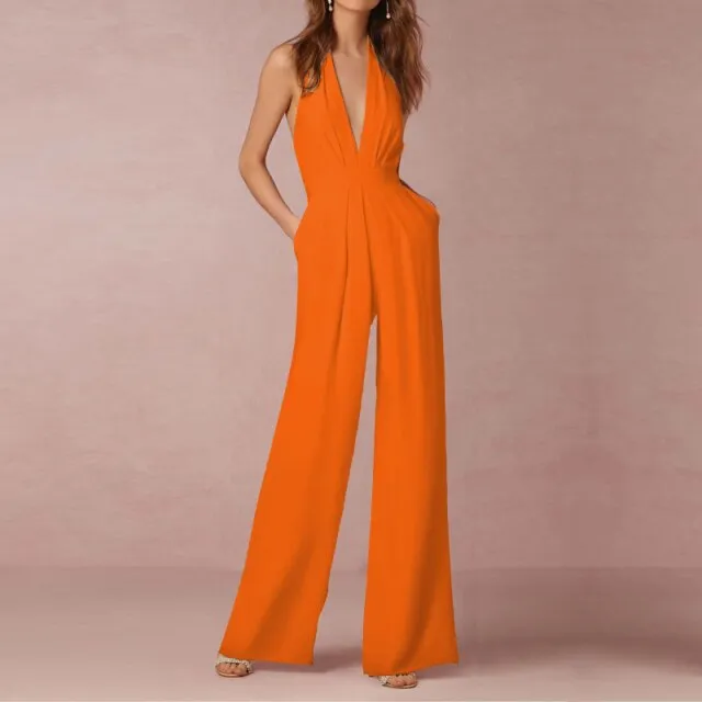 Female Jumpsuit Woman Summer Elegant Jumpsuits Sexy Halter Jumpsuits Fashion Solid Color Loose Wide Leg Overalls for Women