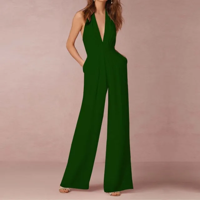 Female Jumpsuit Woman Summer Elegant Jumpsuits Sexy Halter Jumpsuits Fashion Solid Color Loose Wide Leg Overalls for Women