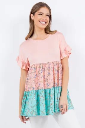 Full Size Floral Color Block Ruffled Short Sleeve Top